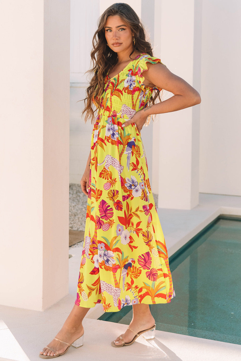 Yellow Cheetah Plant Print Shirred Button V Neck Maxi Dress