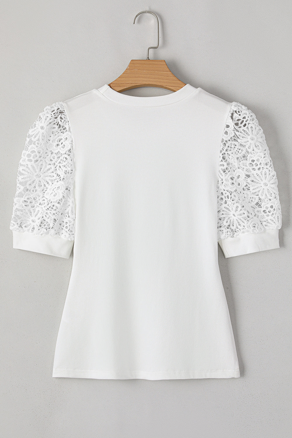White Lace Floral Patchwork Ribbed Knit Half Sleeve T Shirt