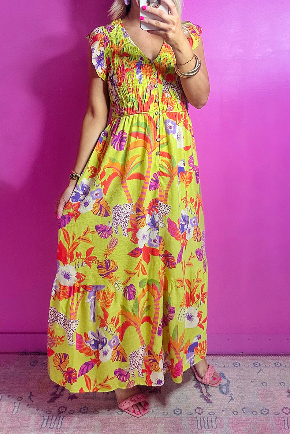 Yellow Cheetah Plant Print Shirred Button V Neck Maxi Dress