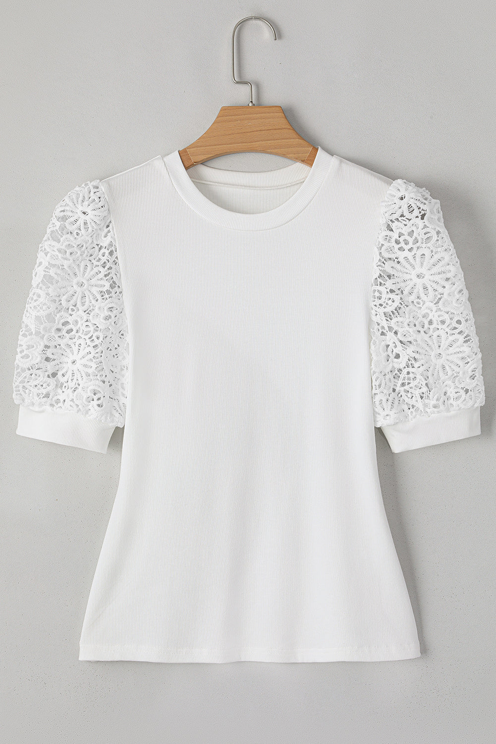 White Lace Floral Patchwork Ribbed Knit Half Sleeve T Shirt