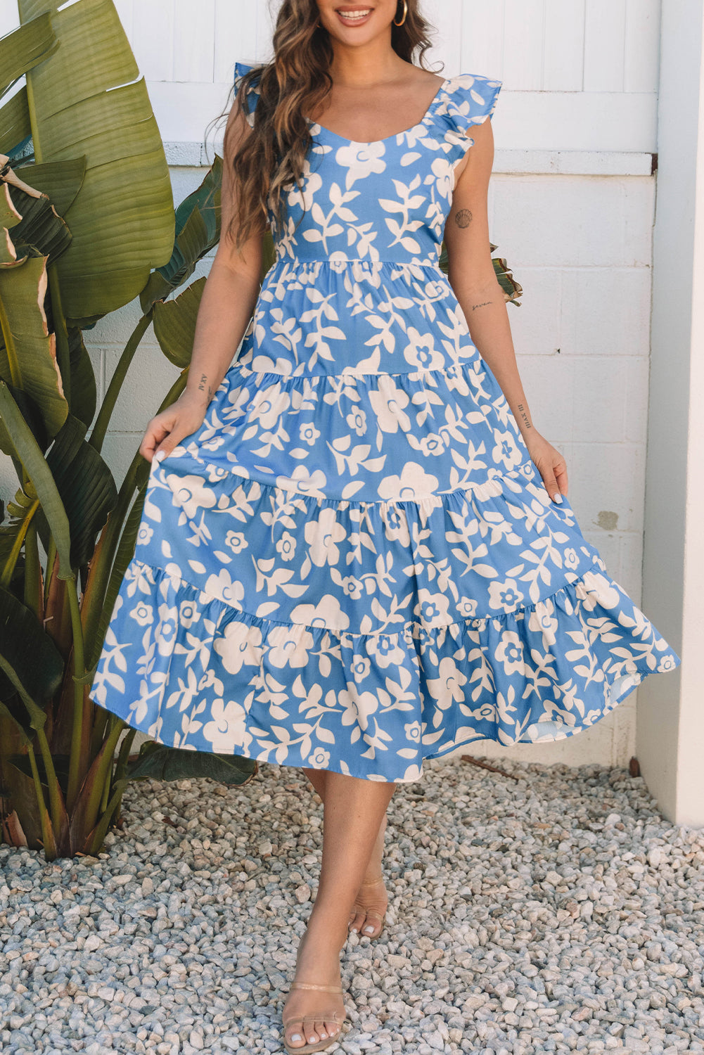 Sky Blue Floral U Neck Flutter Shoulder Tiered Flowy Midi Dress